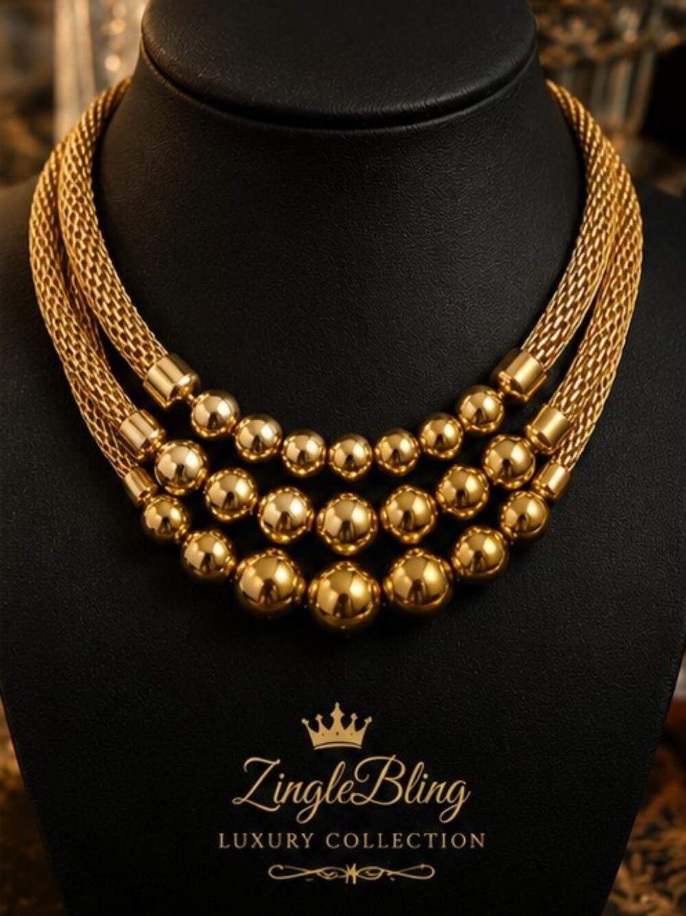Vintage Gold Tone Triple Strand Mesh Ball Statement Necklace